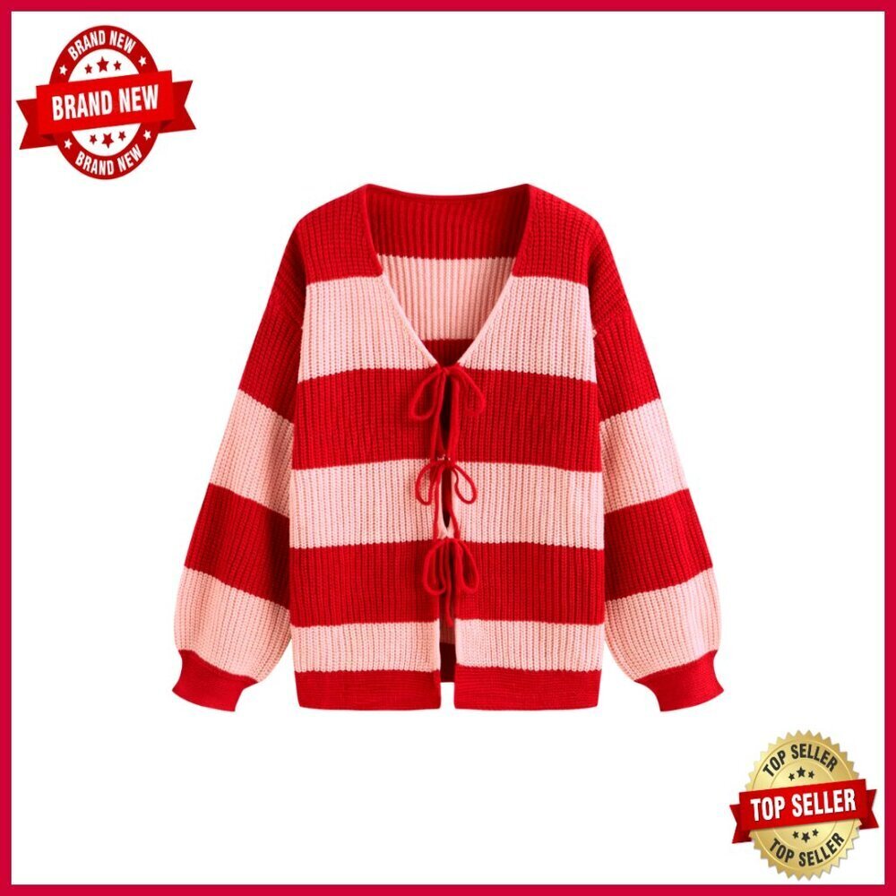 Striped V-Neck Cardigan with Tie Front, Balloon Sleeves, Cropped Fit